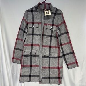 Anne Klein Gray and Red Plaid viscose blend long sleeve 4 pocket Coat shaket